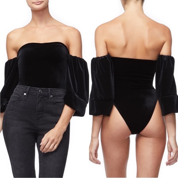 Good American Off The Shoulder Velvet Bodysuit Sz 4 US XL black - Picture 2 of 8